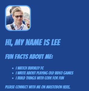 Screenshot of a personal website with avatar, key interests, and follow buttons