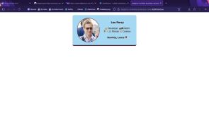 Screenshot showing a business card with a styled avatar image and information about my interests on blue and claret.